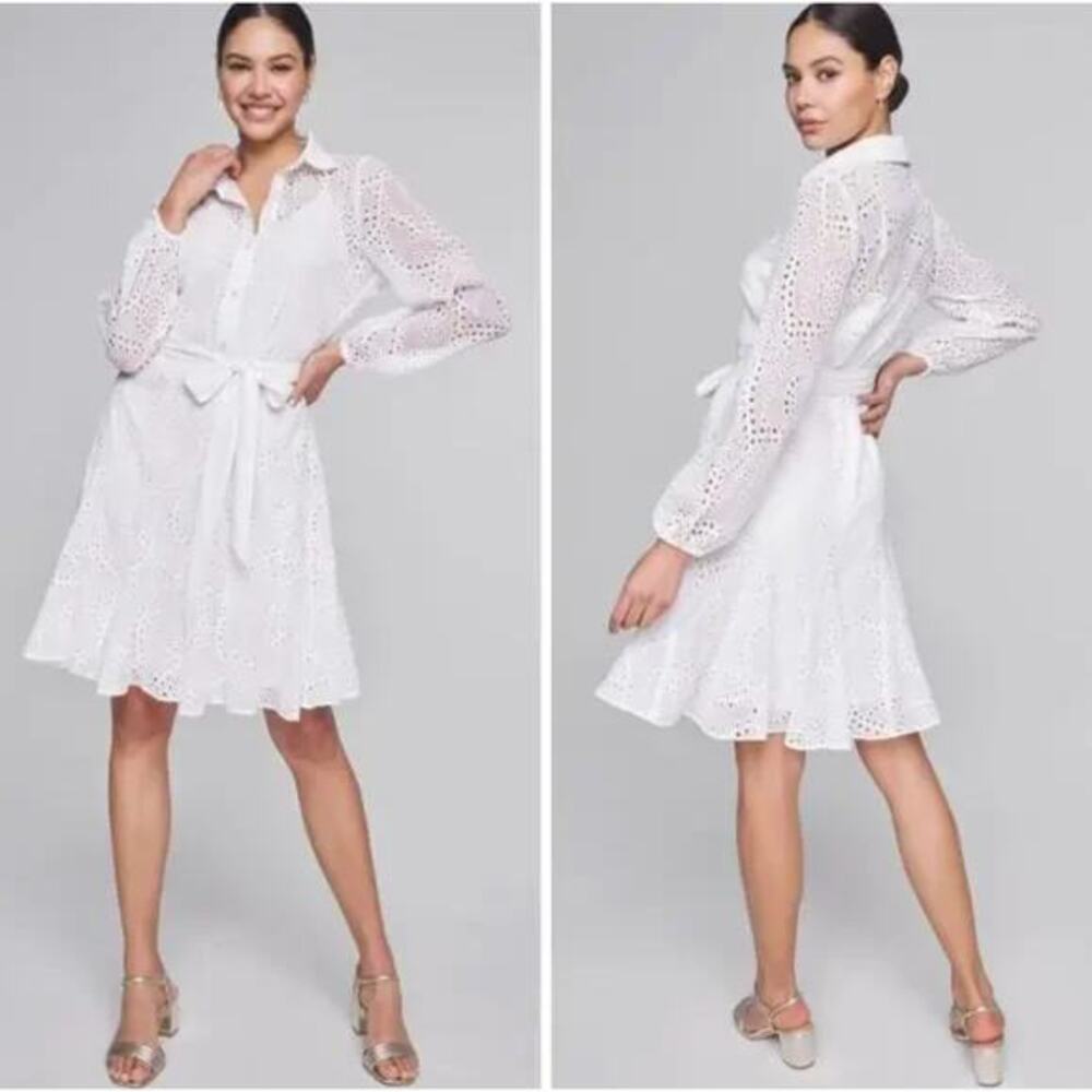 New! White House Black Market Long Sleeve Eyelet Shirt Dress mini ecru, size 6 - Picture 2 of 13